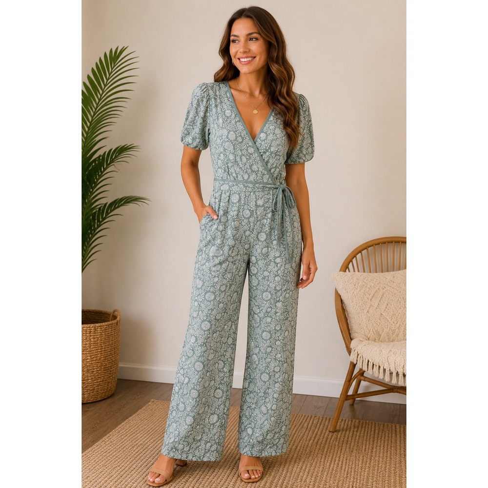 Chelsea & Violet Sage Green Floral Wrap Wide Leg Jumpsuit Size L Puff Sleeve